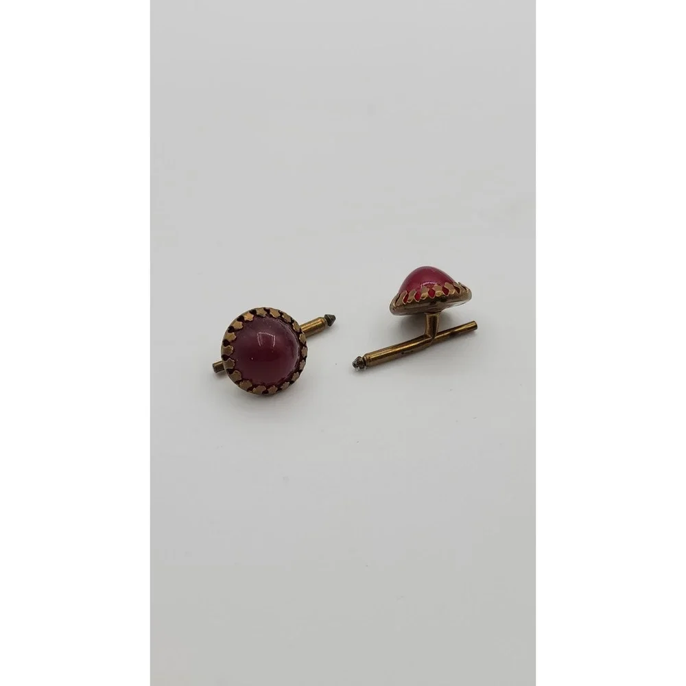 Vtg Red Glass Cufflinks,‎ Domed Cabochon, Torpedo Toggle, Victorian Brass